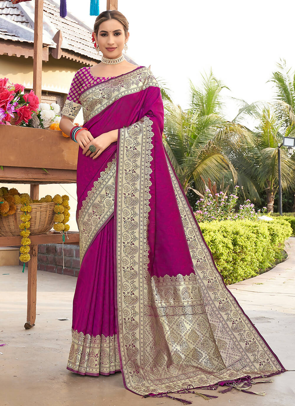 Purple Banarasi Silk Woven Design Saree with Unstitched Blouse Piece - Aachal | Grocsy
