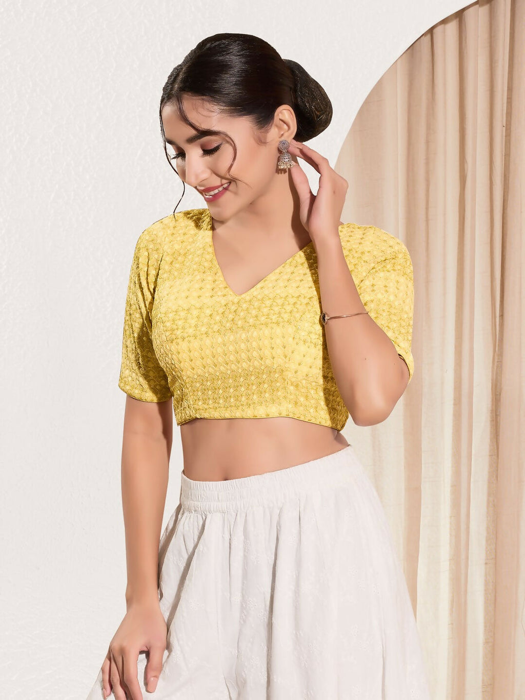 Joban Fashion Yellow Crochet Padded Blouse With V Neck Elbow Sleeves | Grocsy