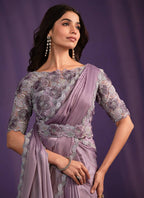 Lavender Crepe Satin Silk Embroidered Saree With Stitched Blouse - Mohmanthan Exotica | Grocsy