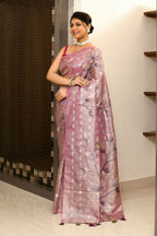 Joban Fashion Purple Saree Tissue Zari Buti Allover Applick With Contrast Blouse | Grocsy