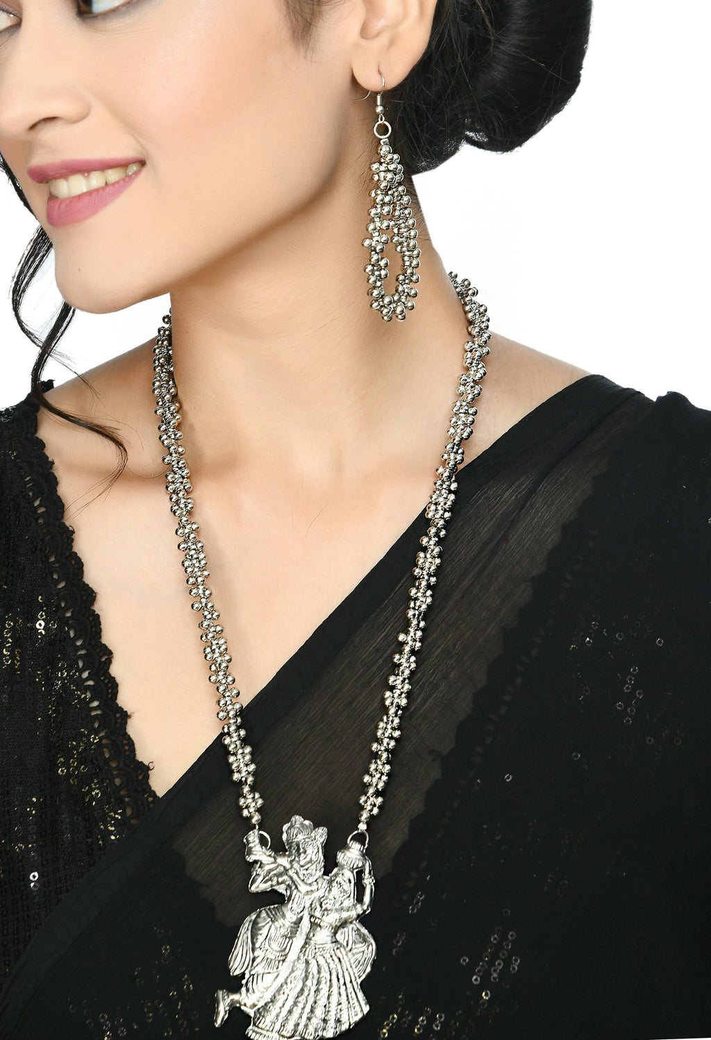 Mominos Fashion Johar Kamal Oxidised Silver-Plated Brass Finish Radha Kishan Long Necklace For Women | Grocsy