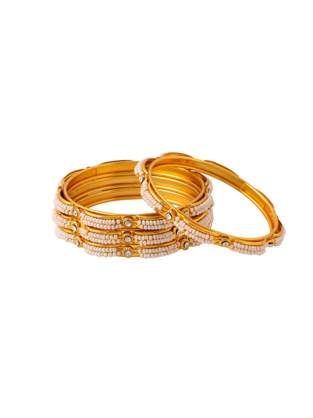 NVR Women's Set of 4 Gold-Polished Traditional Pearls Beaded Bangles