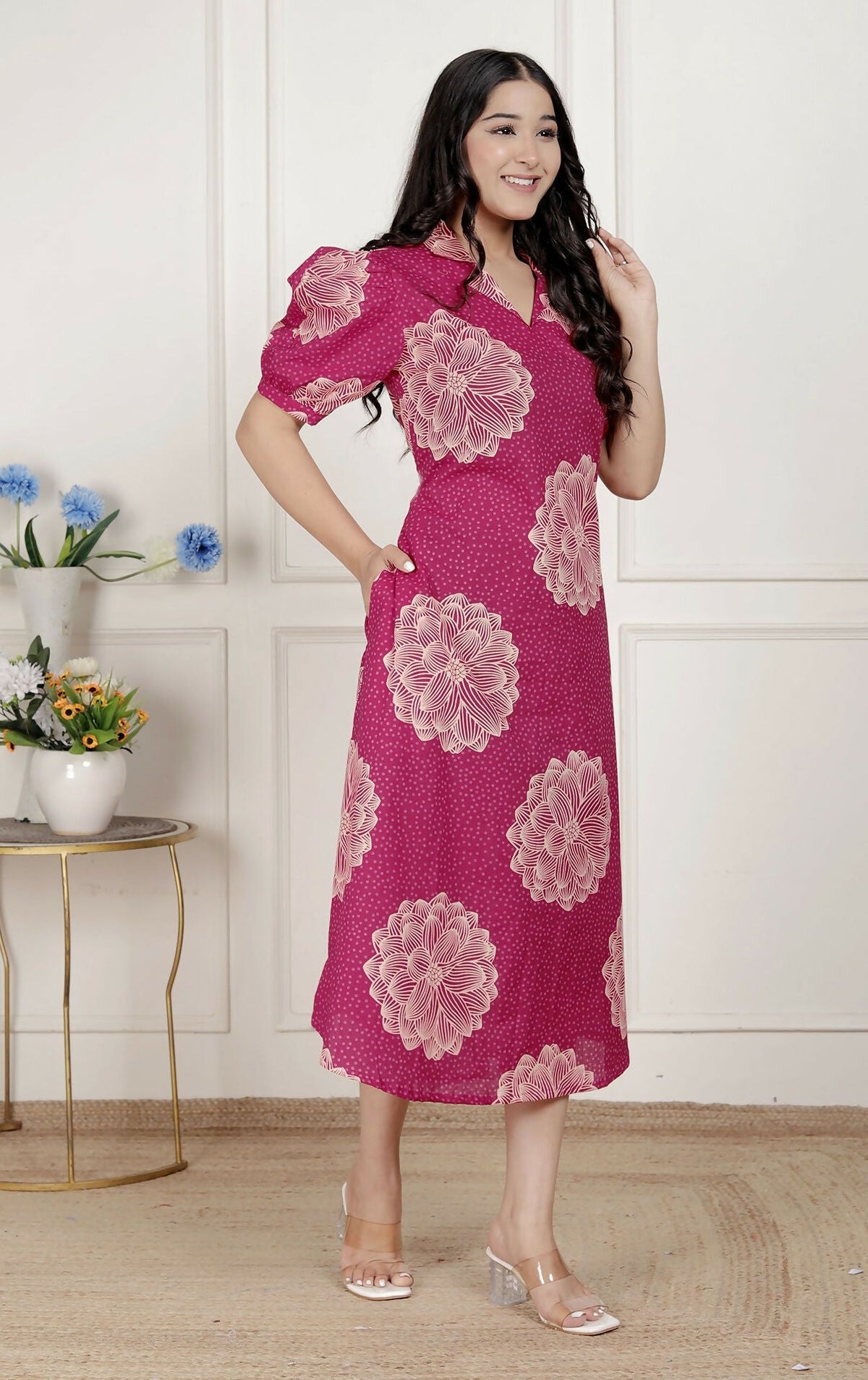 Miravan Womens Pink Printed Collar Neck Short Puff Sleeves Cotton A-Line Maxi Dress | Grocsy