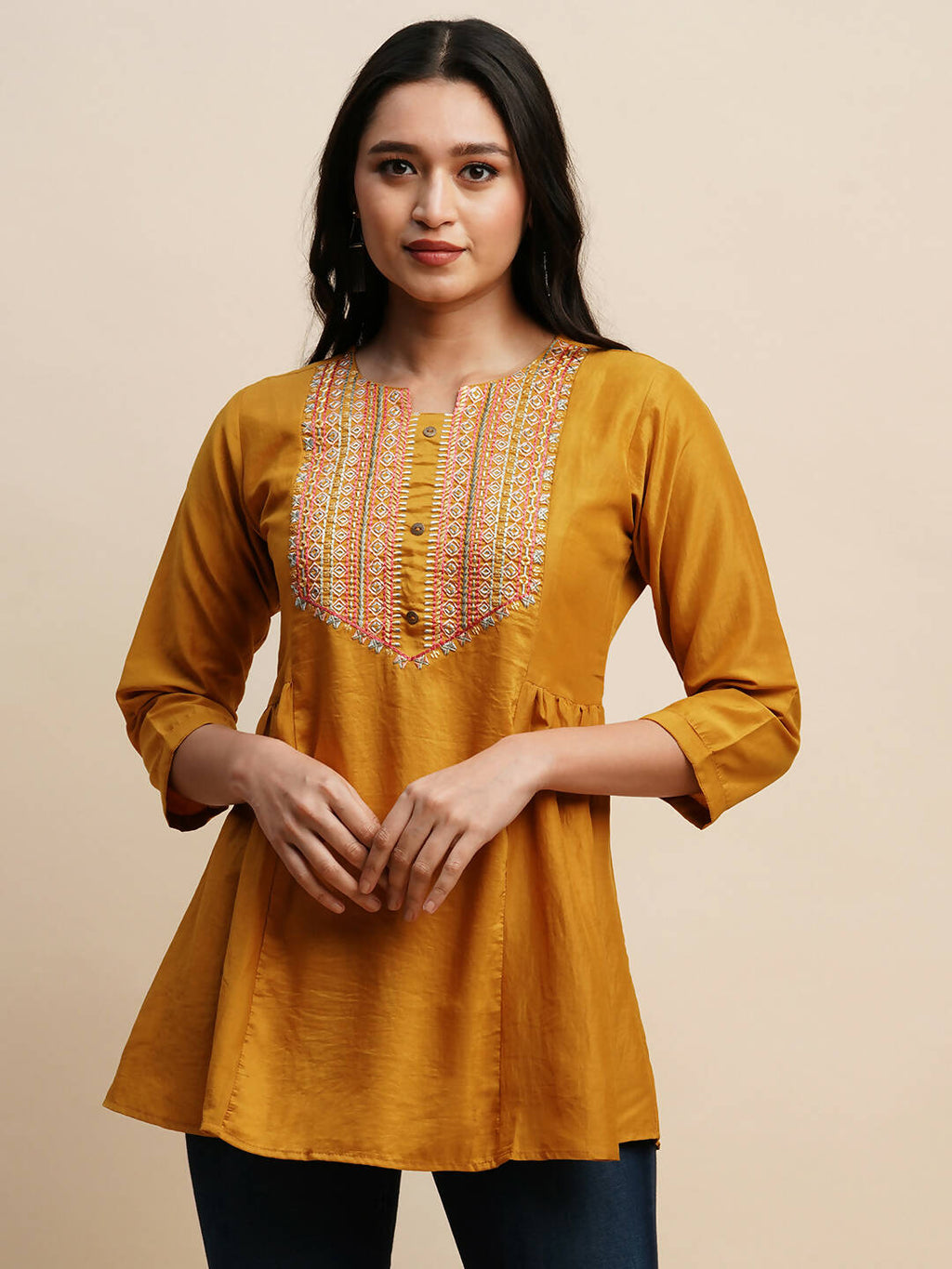 Mustard Chinon Embroidered Top - Tarini | Grocsy