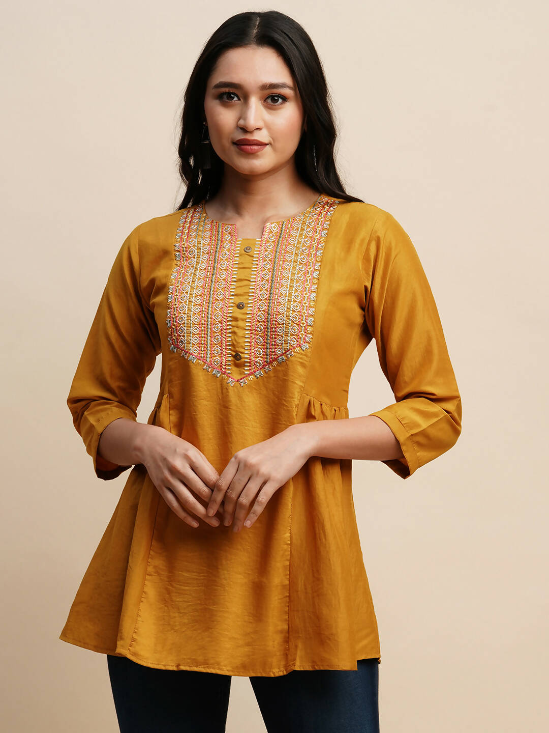 Mustard Chinon Embroidered Top - Tarini | Grocsy