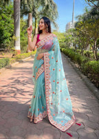 Vastranavya Twill Net Designer Embroidery & Colour Thread & Diamond work Saree with Blouse Material - Sky Blue | Grocsy