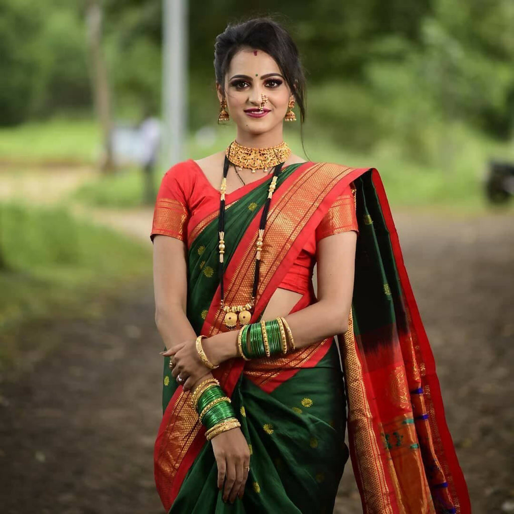 DEIANA'S Beautiful Designer Golden zari Soft Lichi Silk Saree - Green | Grocsy