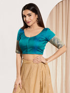 Joban Fashion Fire Blue Taffeta Silk Padded Blouse With Round Neck Elbow Sleeves | Grocsy