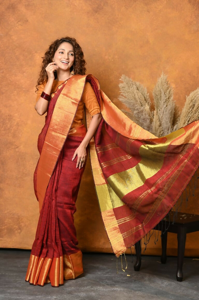 Very Much Indian Handloom Pure Cotton Linen Saree With Golden Border - Dark Maroon | Grocsy