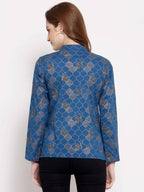 Myshka Women's Blue Cotton Full Sleeve Mandarin Collar Printed Casual Jacket | Grocsy