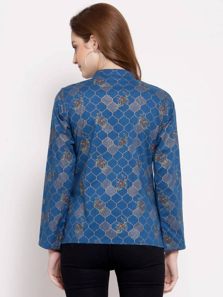 Myshka Women's Blue Cotton Full Sleeve Mandarin Collar Printed Casual Jacket | Grocsy