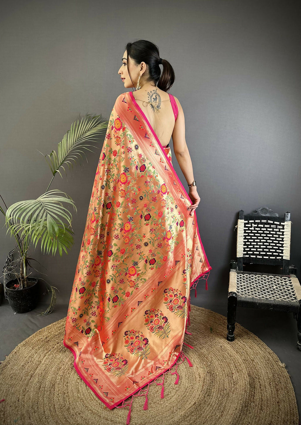 Joban Fashion Peach Floral & Leaf Motifs Soft Silk Paithani Saree | Grocsy