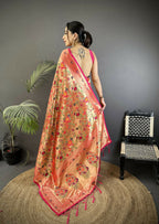 Joban Fashion Peach Floral & Leaf Motifs Soft Silk Paithani Saree | Grocsy