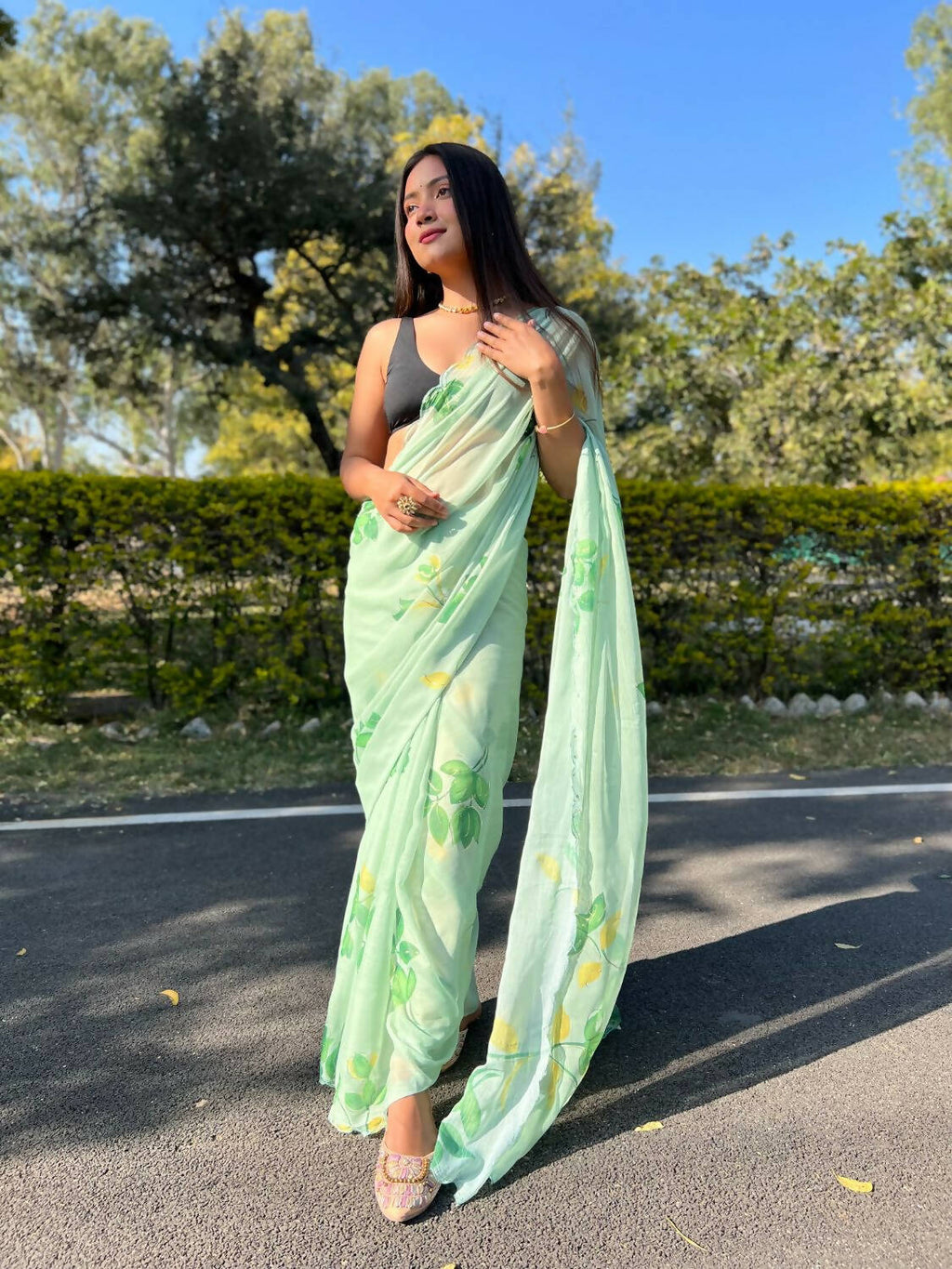 Vamsee Green Chiffon Designer Saree | Grocsy