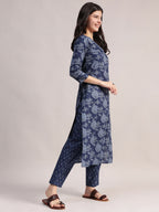 Aavyora Women's Floral Printed Indigo Blue Cotton Straight Kurta With Trouser & Dupatta | Grocsy