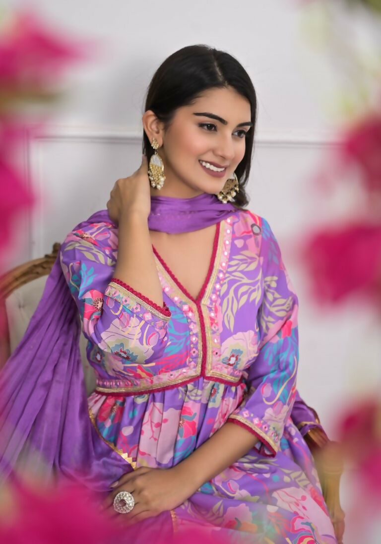Lavender Muslin silk Embroidery with Thread and sequence Stitched Suit With Dupatta - Tanisha | Grocsy