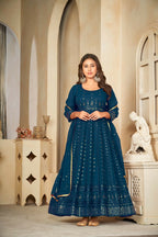 Jyoti Fashion Women's Rama Georgette Embroidered Anarkali Kurta Pant Set With Dupatta | Grocsy
