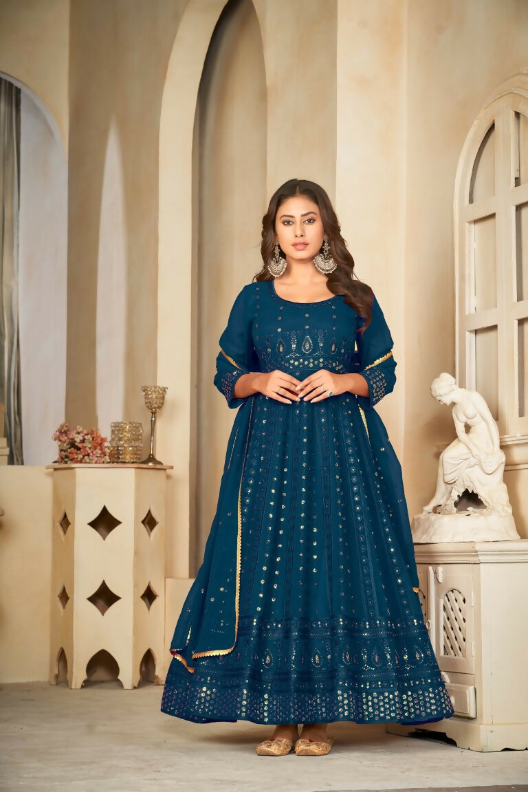 Jyoti Fashion Women's Rama Georgette Embroidered Anarkali Kurta Pant Set With Dupatta | Grocsy