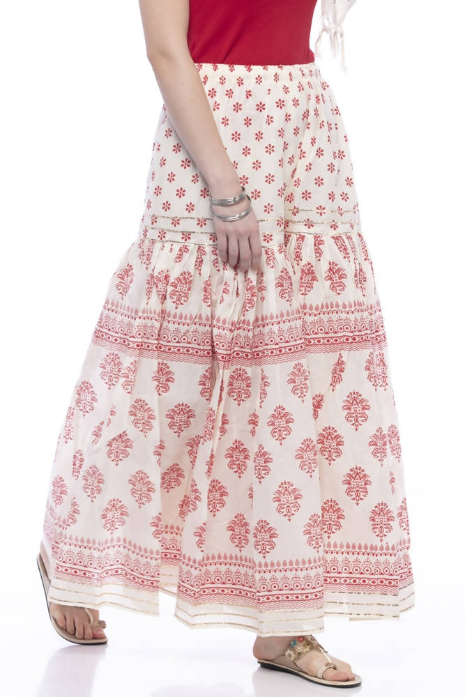 Mominos Fashion Cotton Block Print With Lace Work Off White Red Color Prints Palazzo | Grocsy