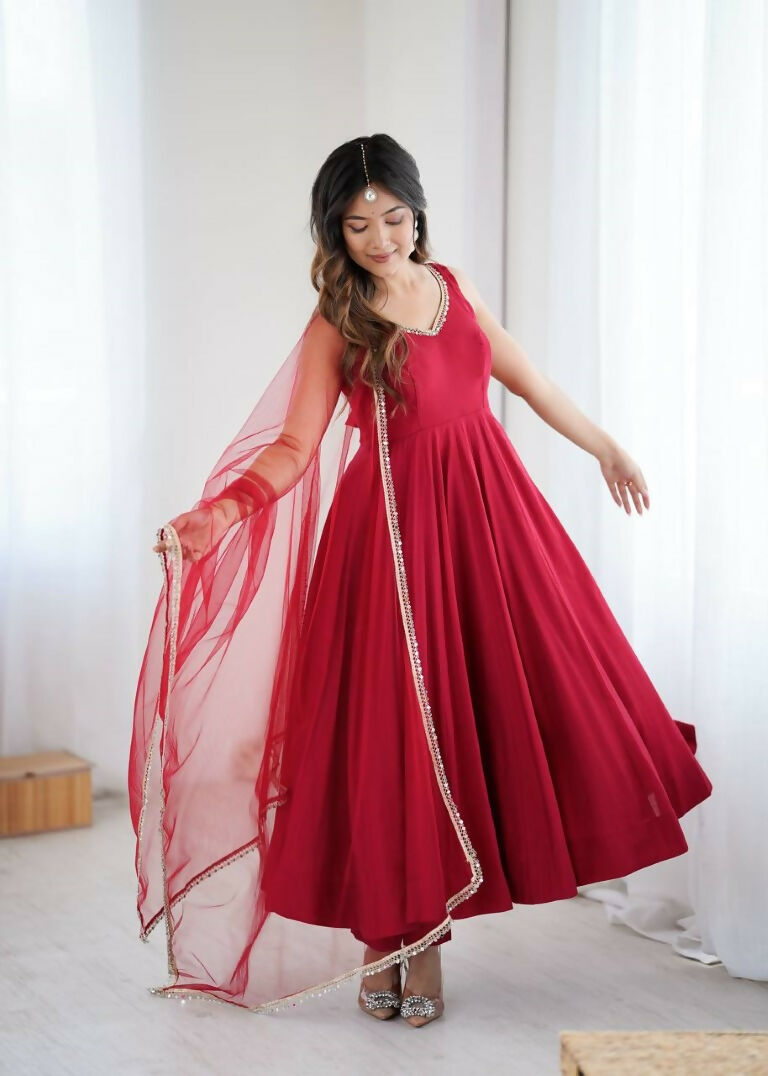 Teeya Creation Maroon Color Pure Roman Silk Mirror Lace Party Wear Gown | Grocsy