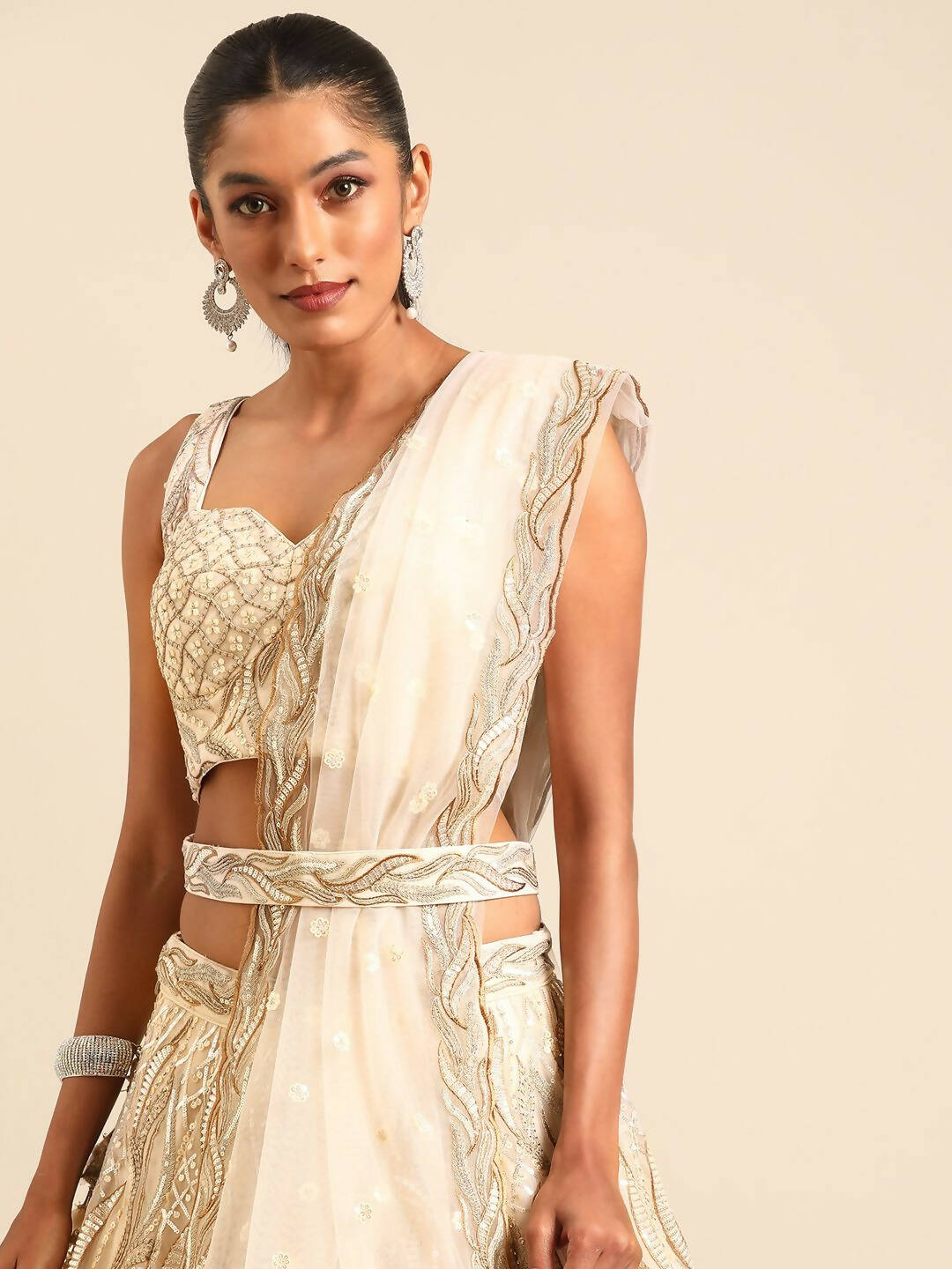 House of Panchhi Cream Net Sequins and Zarkan embroidery Lehenga choli & Dupatta | Grocsy