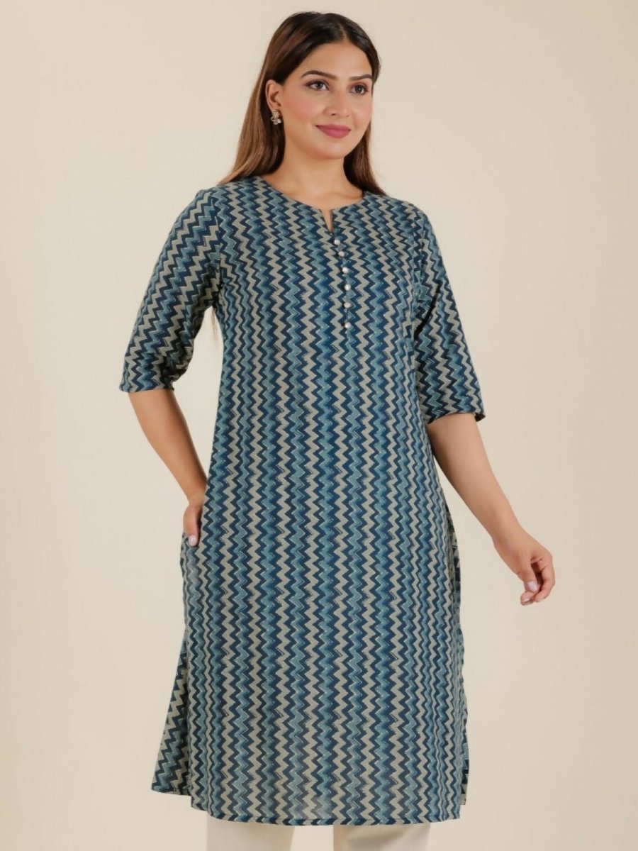 Aramya Blue Soft Cotton Chevron A-line Kurta for Women | Grocsy