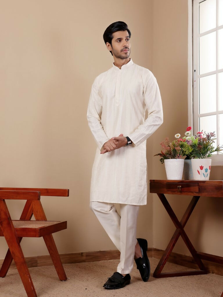 Off Whit Silk Designer Embroidery Work Men's Rajwadi Kurta Set - Mahotsav | Grocsy
