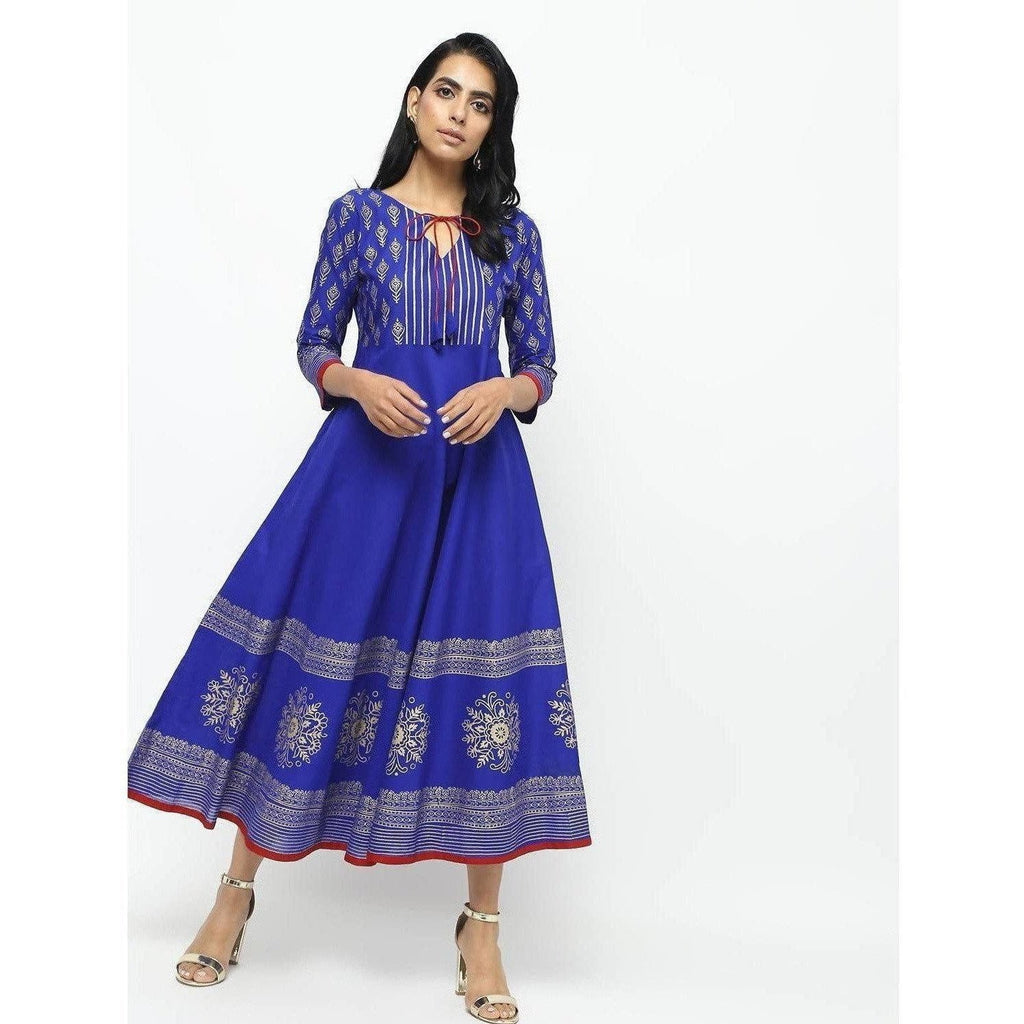 Cheera Royal Blue Flared Block Printed Long Kurta | Grocsy