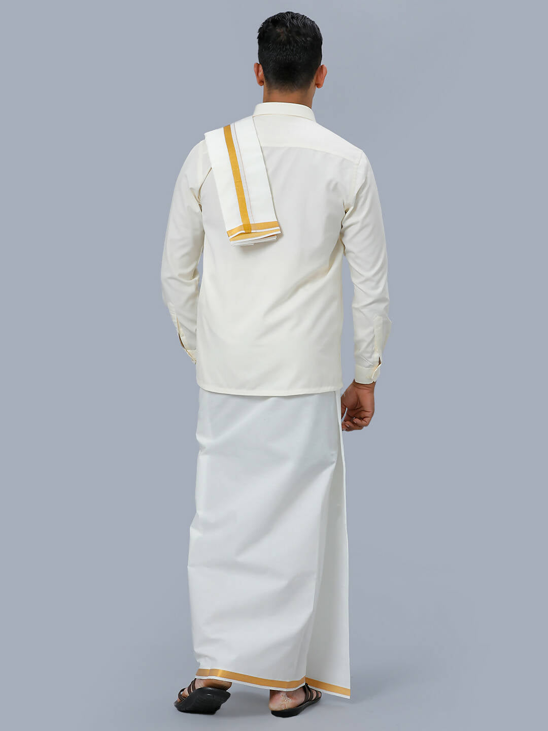 Ramraj Cotton Mens Wedding Cream Regular Dhoti, Shirt & Towel Set Subhakalyan 3/4" | Grocsy