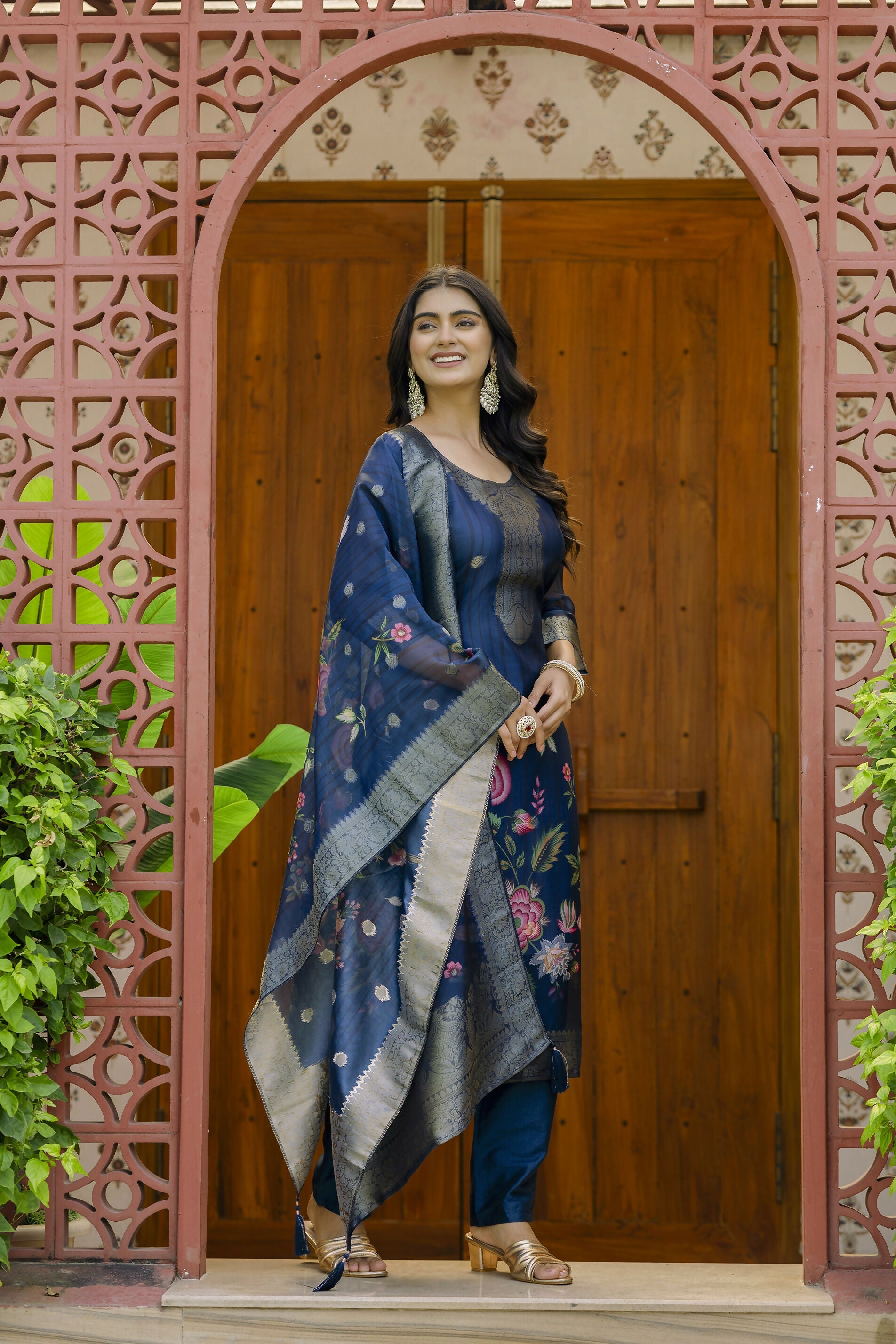 The52 Women's Beautiful Printed Work Jacquard Organza Fabric Straight Kurta Pant and Dupatta Set | Grocsy