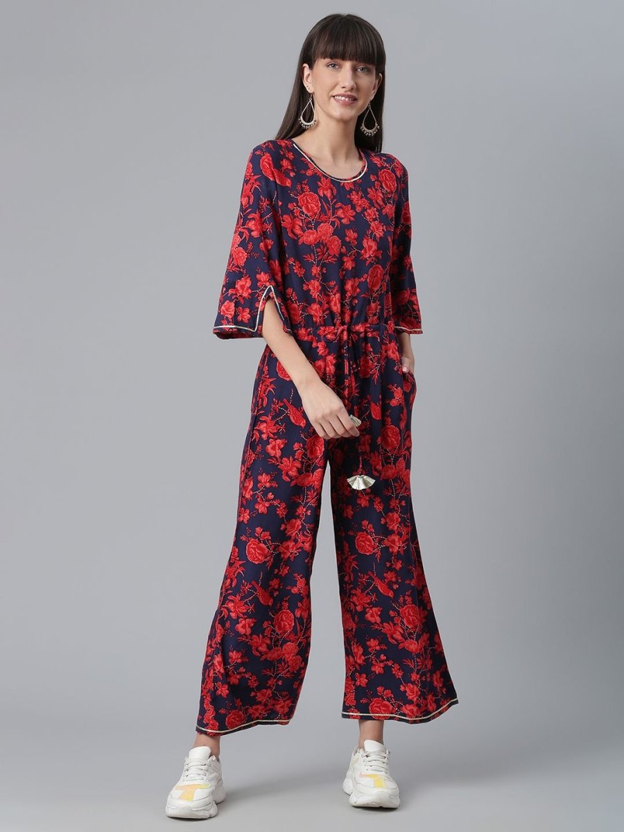 Ahalyaa Womens Navy & Red Rayon Printed Jumpsuit | Grocsy