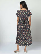Manet Short Sleeves Maternity Dress Floral Print With Concealed Zipper Nursing Access - Navy Blue | Grocsy