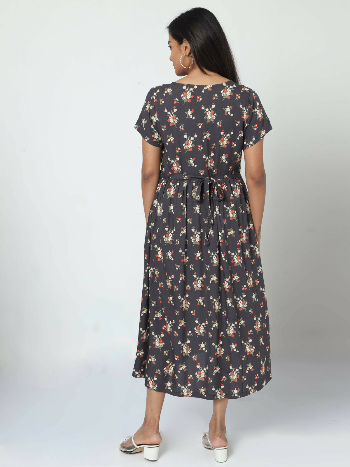Manet Short Sleeves Maternity Dress Floral Print With Concealed Zipper Nursing Access - Navy Blue | Grocsy