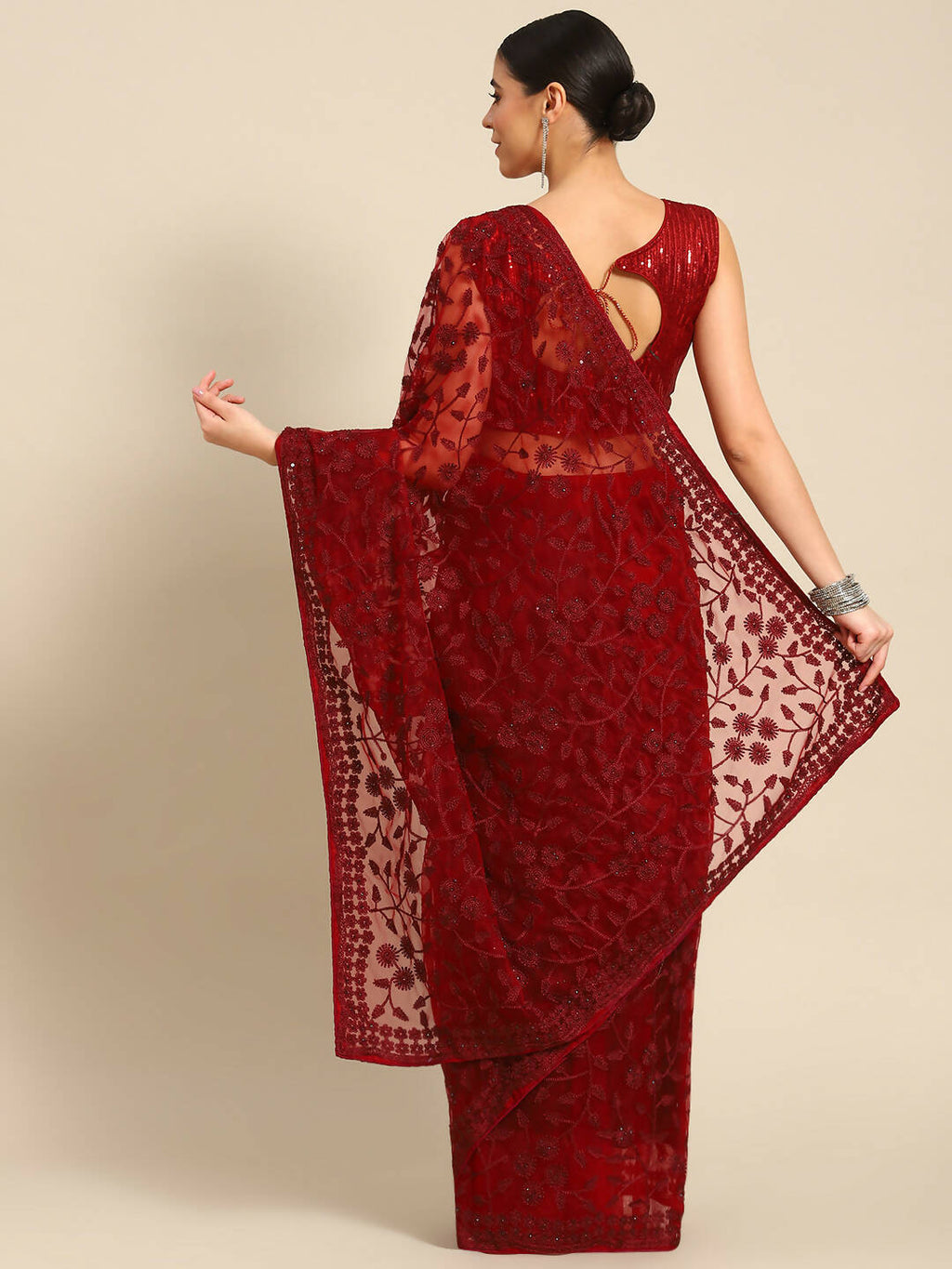 Maroon Woven Design Net Saree with Blouse Piece - Kalamkari | Grocsy