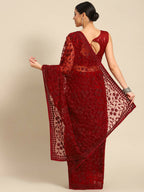 Maroon Woven Design Net Saree with Blouse Piece - Kalamkari | Grocsy