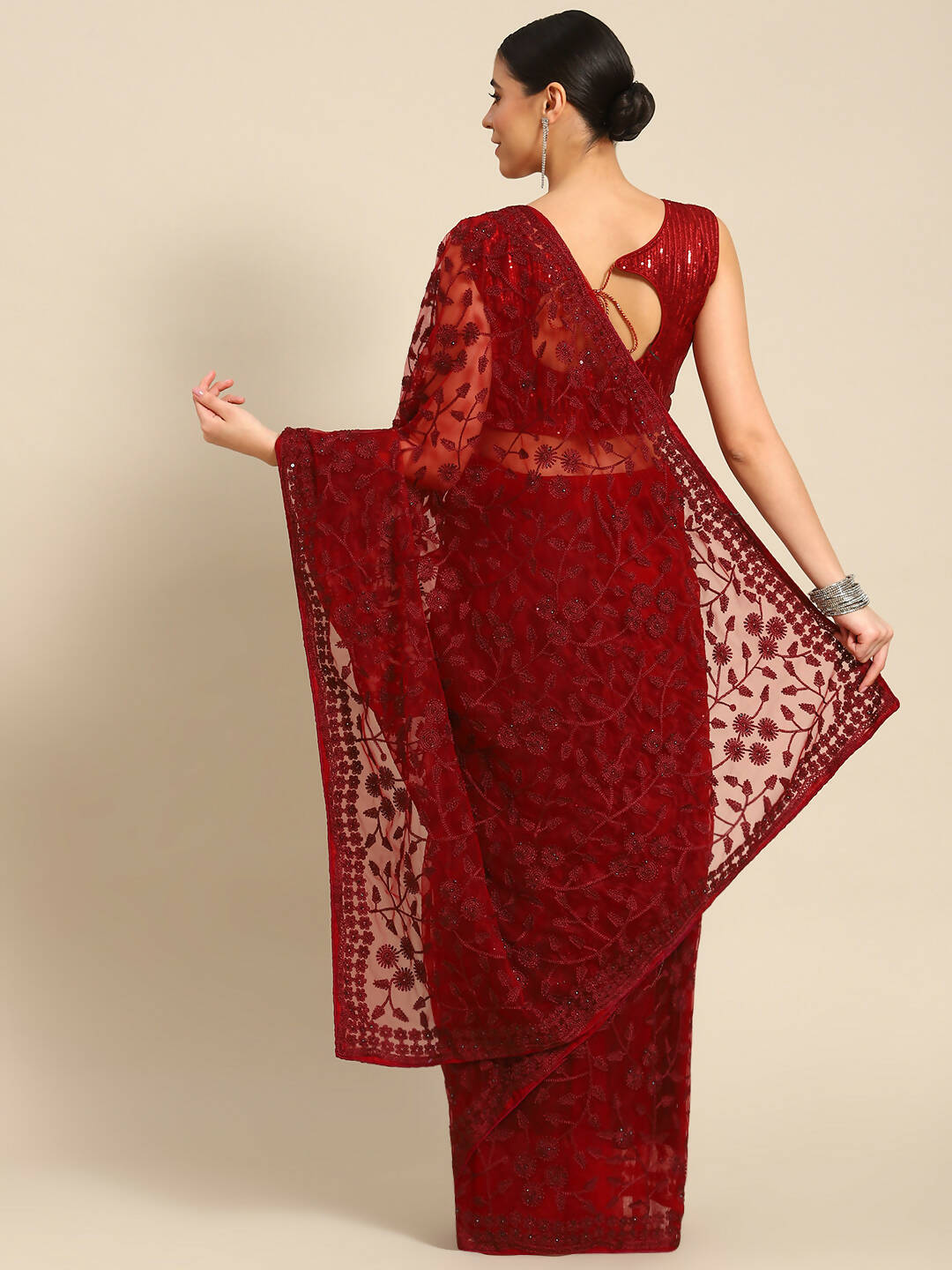 Maroon Woven Design Net Saree with Blouse Piece - Kalamkari | Grocsy