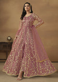 Pant Style Coral Pink Embroidered Net Wedding Anarkali Suit - Emponline | Grocsy