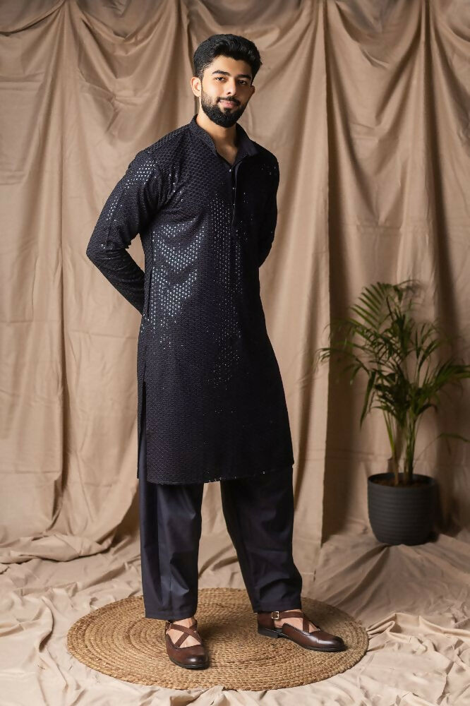 Black Rayon Thread Embroidery Work Kurta Set - Mahotsav | Grocsy