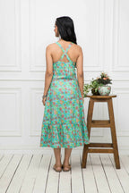 Myshka Women Green Floral Cotton A-Line Round Neck Long Dress | Grocsy