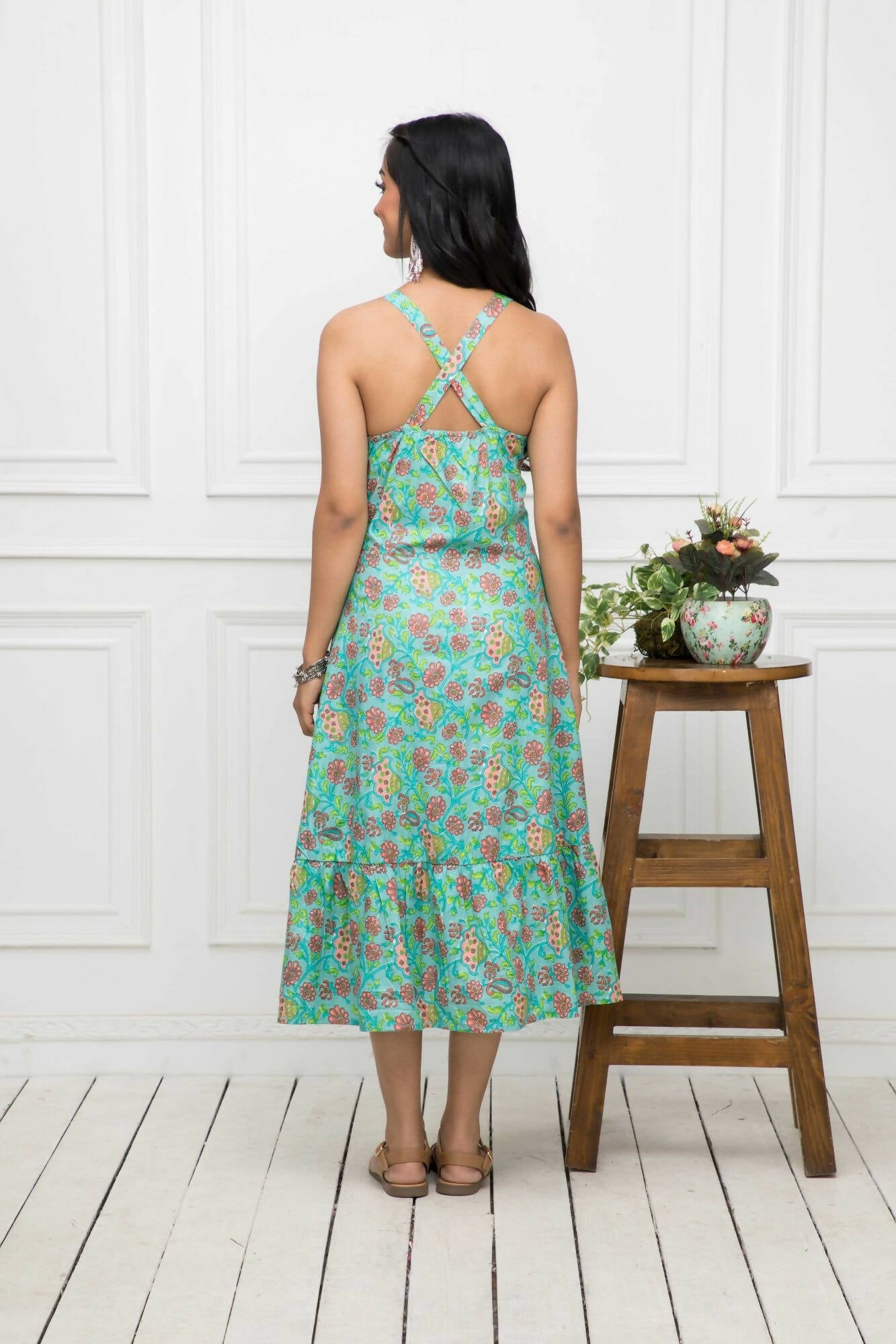 Myshka Women Green Floral Cotton A-Line Round Neck Long Dress | Grocsy