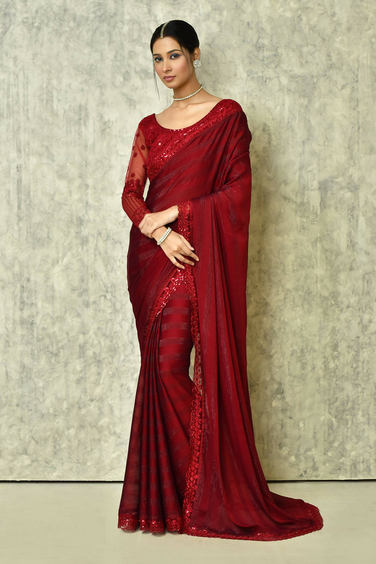 Maroon Silk Stripe Saree With Blouse Piece - Purvi | Grocsy