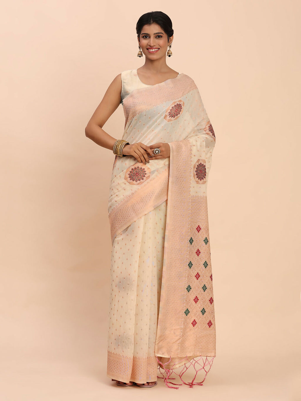Shree Shyam Fashion Linen Cotton Off White Saree | Grocsy