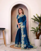 Teeya Creation Blue Color Zimichhu Silk Heavy Work Saree | Grocsy