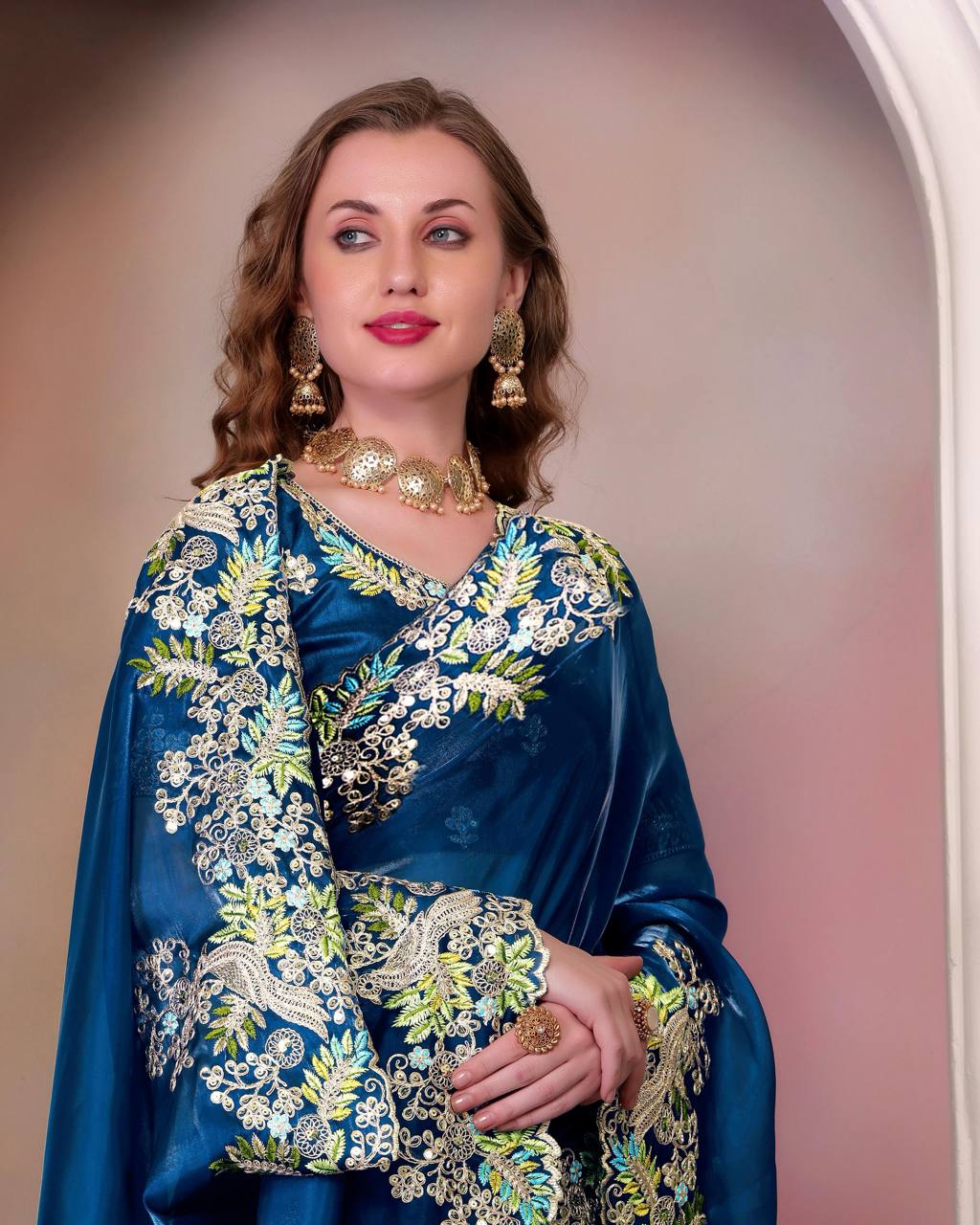 Teeya Creation Blue Color Zimichhu Silk Heavy Work Saree | Grocsy