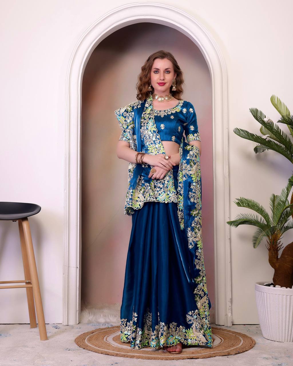 Teeya Creation Blue Color Zimichhu Silk Heavy Work Saree | Grocsy