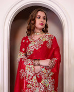 Teeya Creation Red Color Zimichhu Silk Heavy Work Saree | Grocsy