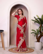 Teeya Creation Red Color Zimichhu Silk Heavy Work Saree | Grocsy