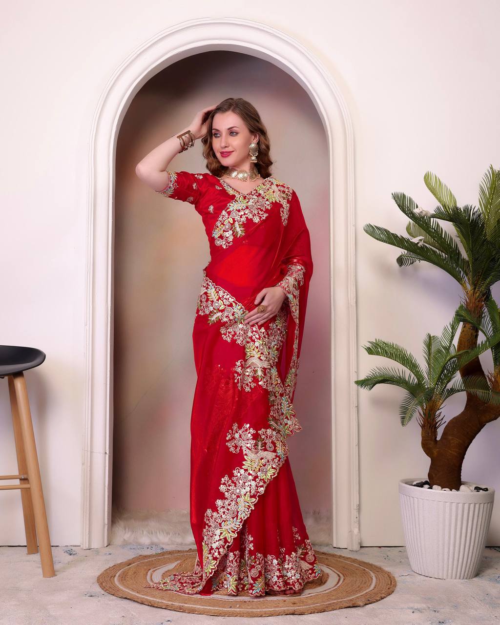 Teeya Creation Red Color Zimichhu Silk Heavy Work Saree | Grocsy