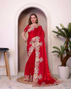 Teeya Creation Red Color Zimichhu Silk Heavy Work Saree | Grocsy