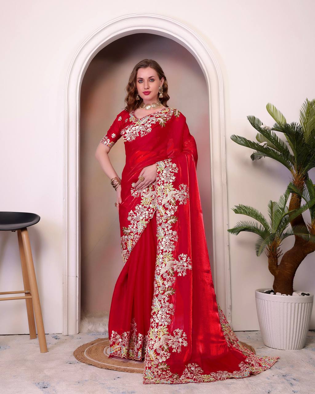 Teeya Creation Red Color Zimichhu Silk Heavy Work Saree | Grocsy